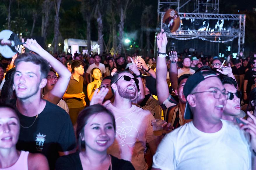 Concert crowd with hands raised