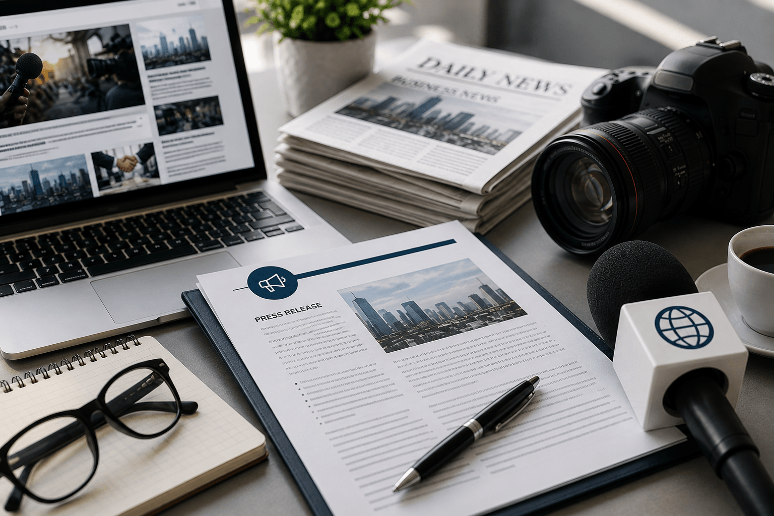 Press release document, camera, and microphone prepared for national media distribution